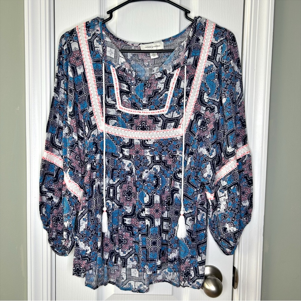 Vintage America Women’s Boho Peasant Tassel Top Blue & Pink